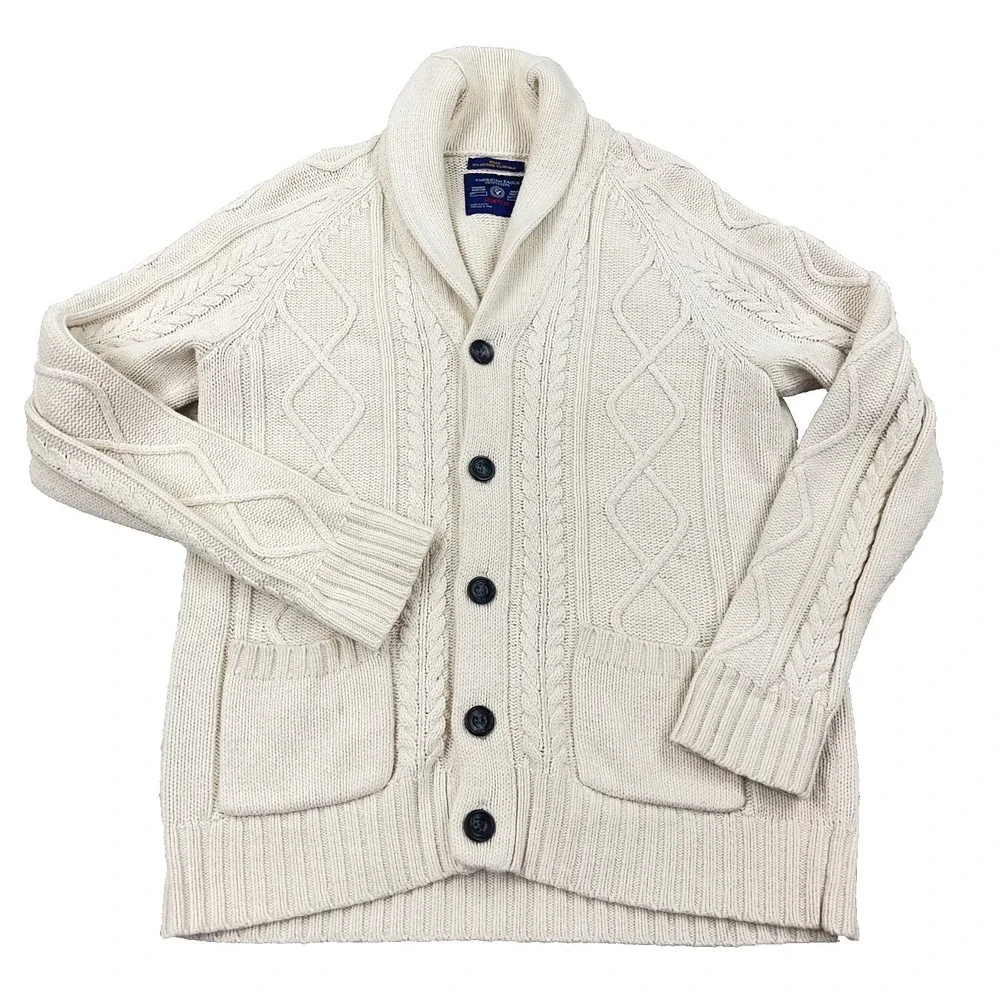 Vintage Y2K American‎ Eagle Cardigan Sweater Men Large White Chunky Cable Knit *